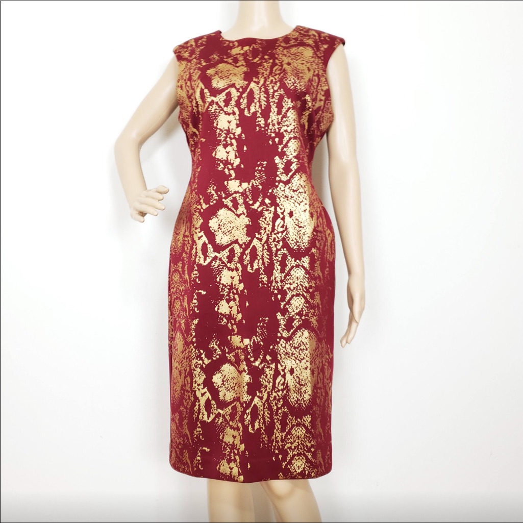 Philosophy Red Gold Scuba Bodycon Dress Medium